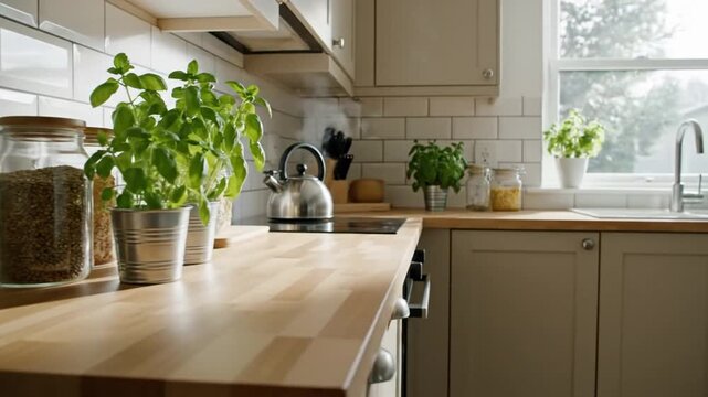 Bright Kitchen Countertop With Fresh Herbs And Pantry Staples Ready For Cooking