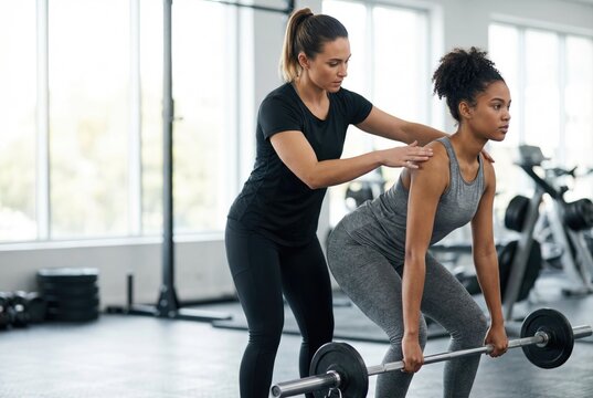 Female personal trainer assisting a client with a barbell deadlift. Fitness instructor correcting woman's form during a weightlifting exercise in a gym.