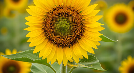 Fototapeta premium Close-up of a brilliant golden sunflower standing tall in a sun-drenched field, radiating the warmth and beauty of summer nature