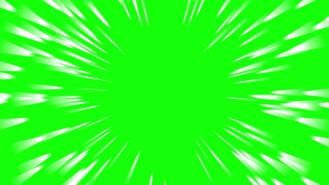 Comic style white speed lines anime action effect on green screen. Manga motion burst for fast transition, explosion, or zoom. Chroma key speed effect for video editing. High quality .