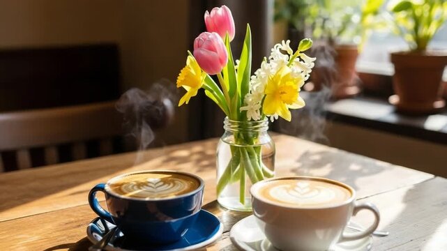 Two coffee cups with blooming flowers on a wooden table in cafe  