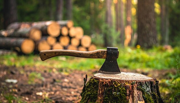 Axe placed horizontally on stump with firewood stacks in forest background