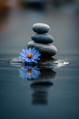 Balanced Zen Stones with Blue Flower Reflection on Tranquil Water