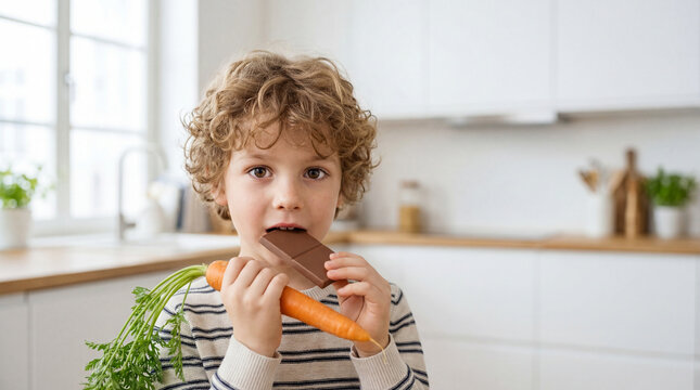 Cute little boy with curly hair biting dark chocolate bar while holding fresh carrot vegetable in hand. difficult food choice between healthy organic vitamin vegetable and sweet sugary dessert snack.