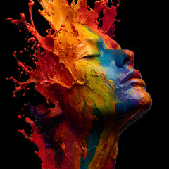 Rainbow Paint Splash Forming Human Face Profile on Black Background