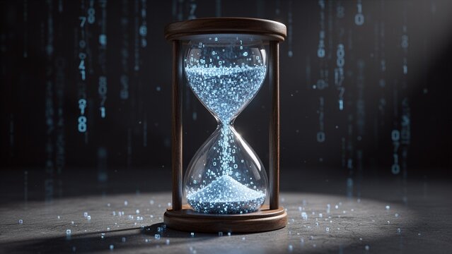 Digital hourglass with flowing binary code particles on a dark futuristic background.