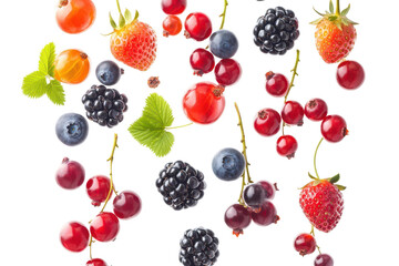 falling berries. Mixed fruits in the air (blueberries, blackberries, raspberries, strawberries, gooseberries, cherries, black and red currants)