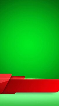 Green background with a red glossy, angular banner at the bottom. The banner has a shadow