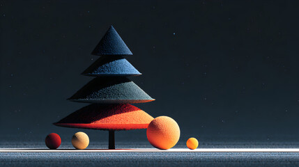 Abstract Geometric Christmas Tree with Layered Cones and Spheres on Starry Dark Background