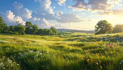 Obraz premium Serene Meadow Landscape with Wildflowers at Sunset