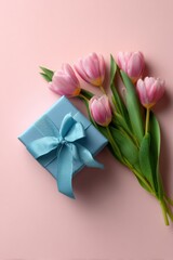 Fototapeta premium Blue gift box with pink tulips on soft pink background
