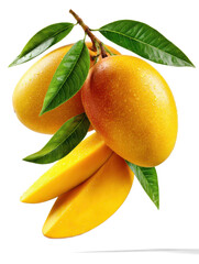 branch with mangoes and leaves on white background