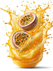 passion fruits in swirling splash of golden  juice