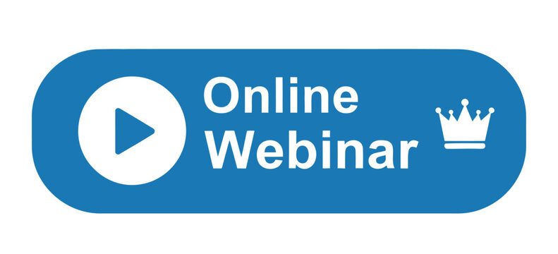 Blue button with a play icon and text 'Online Webinar' featuring a crown symbol, inviting users to virtual learning.