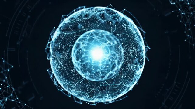 Abstract glowing sphere with network connections and bright core, digital science concept