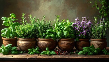 Fototapeta premium Assortment of Fresh Herbs in Rustic Pots on Wooden Table