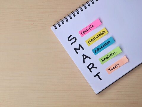 SMART Goals framework concept on book with colorful adhesive notes on wooden desk. Ideal for business planning and personal development