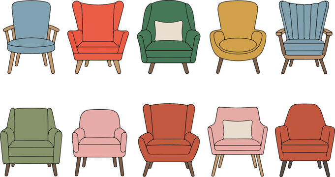 Retro Modern Seating Collection Armchairs & Lounge Sofas Vector Illustration