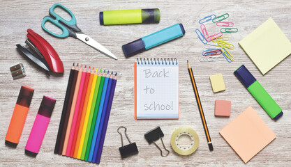 School supplies in full color. Zenith view and copy space. Back to school.