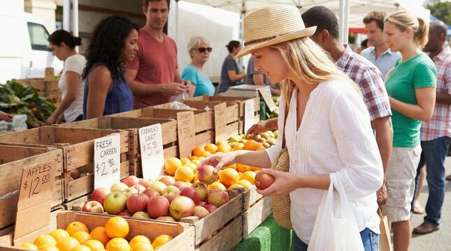Diverse group shopping at outdoor market, fresh produce and vibrant atmosphere, summer community gathering and healthy lifestyle