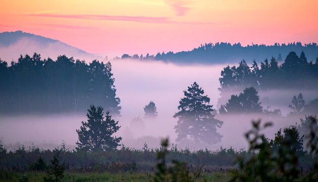 Misty forest hills at dawn with layers of fog creating serene atmospheric landscape view