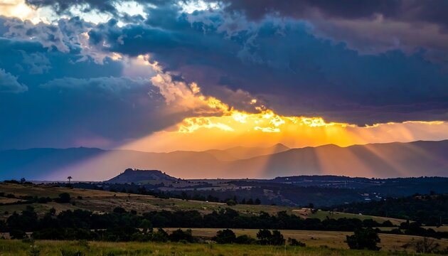 Sun rays breaking through clouds over wide landscape creating dramatic evening sky scene