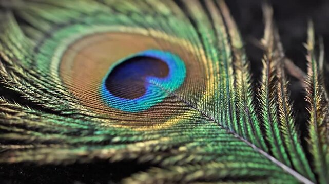 A vibrant peacock feather displayed in a close-up view showcasing intricate patterns and colors
