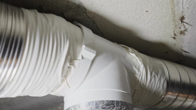 DIY air ventilation installation above drywall ceiling for bathroom steam exhaust, showing improvised ducting, home repair, and technical solution for moisture control