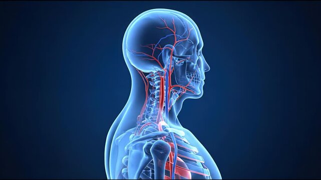 3d render of human anatomy showcasing the circulatory and skeletal system in transparent blue, suitable for medical research, biology education, healthcare presentations, and scientific publications.