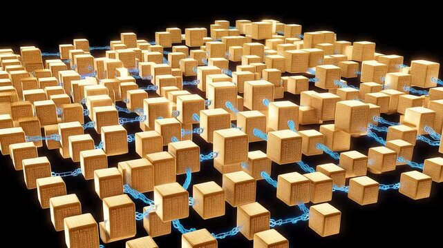 Golden Cubes Connected by Blue Energy Streams Digital Network Data Flow Abstract Background Technology Concept Futuristic Grid System Information Exchange Secure Connection Global Network Data