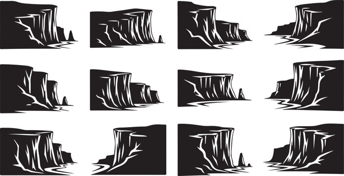 Black and white cliff landscape illustrations in various stages