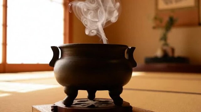 Smoky cauldron on low table indoors with natural light