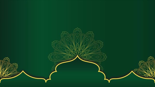 gold luxurious mandala vintage antique floral baroque with gold dome animation ornament horizontal background with golden floral pattern on green gradient loop animation