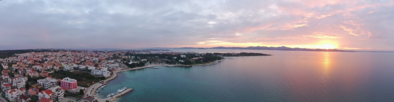 aerial panorama over Zadar, Croatia at sunset