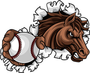 Obraz premium Horse mustang bronco stallion baseball softball angry sports team mascot holding a ball.
