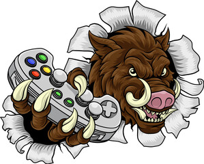 Naklejka premium A wild boar, hog razorback warthog pig gamer sports video game gaming mascot holding a games controller