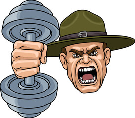 Naklejka premium An angry drill instructor or sergeant bootcamp army soldier personal trainer cartoon character holding weight lifting dumbbell sports team gym mascot illustration.