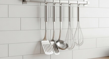 Stainless Steel Kitchen Utensils Hanging on a Rack Against White Subway Tile