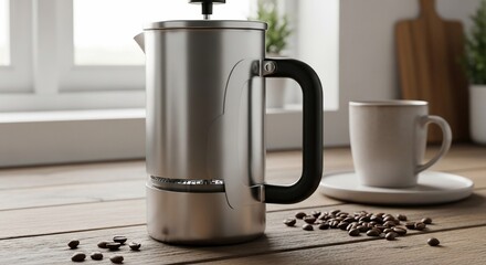 Stainless Steel Moka Pot with Coffee Beans and Mug on Rustic Wooden Table