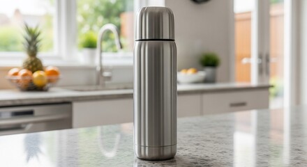 Stainless Steel Thermos on Granite Countertop in Bright Kitchen Setting