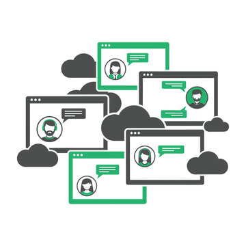 Digital communication concept with multiple chat windows and clouds, representing online conversations, messaging, and teamwork.