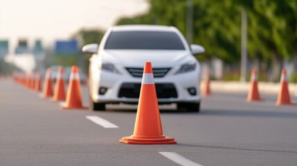 A White Car Navigating Traffic Cones During Training on a Road for Driving Skills Enhancement