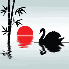 Obraz premium A serene scene with a black swan and bamboo by a red sun reflected in the water.