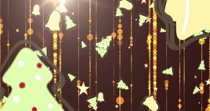 Christmas trees and bells icons falling against light trails and copy space on grey background