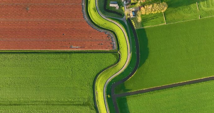 Aerial view of a winding road on a dam surrounded by fresh green fields. Drone shot of an asphalt path curving through the rural countryside on a bright sunny day. Scenic transportation infrastructure