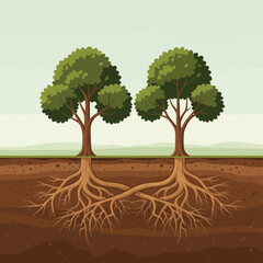 Fototapeta premium Two trees with intertwined roots are growing from the earth.