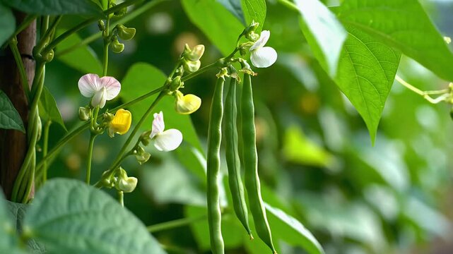 Green Bean Plant with Flowers and Pods.