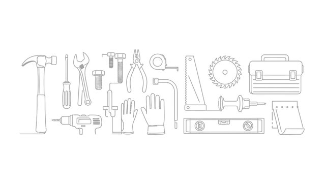 Line art illustration of various construction and repair tools on a white background.