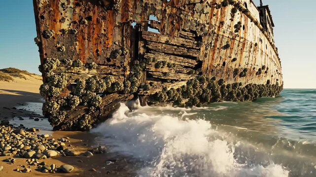 Close up of the rusty hull of the Dimitrios shipwreck covered in barnacles on Valtaki Beach in Gytheio Greece