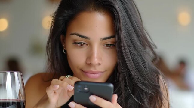Beautiful young woman with long dark hair smiling slightly while looking at her phone in a bright indoor setting